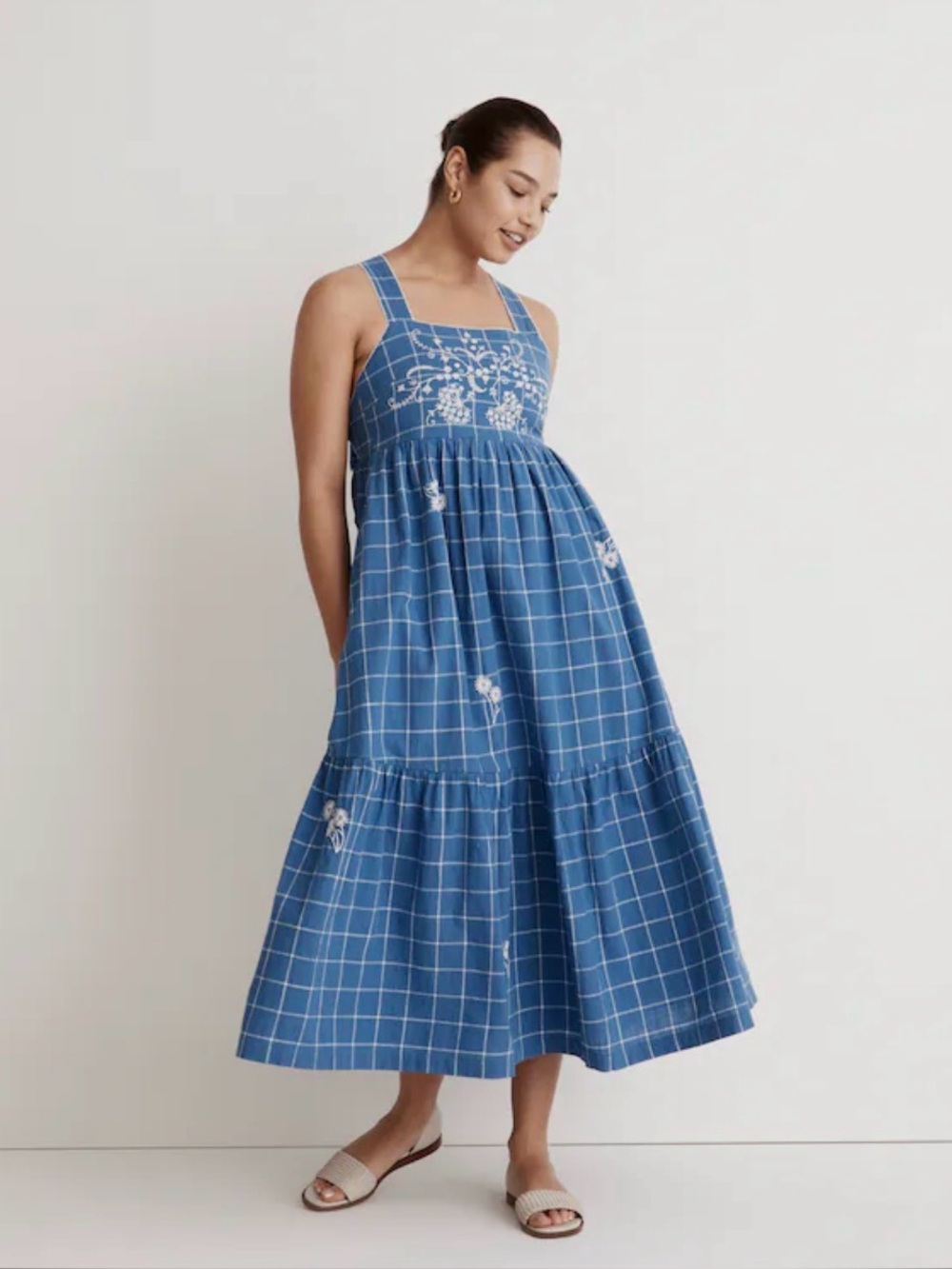 Madewell Cicely Embroidered Plaid Tiered Midi Dress Blue Cottagecore Size 10